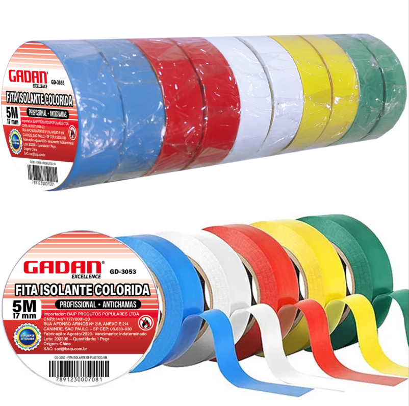 FITA ISOLANTE 5M (COLORIDA) EM TUBO C/10 ROLOS - GADAN