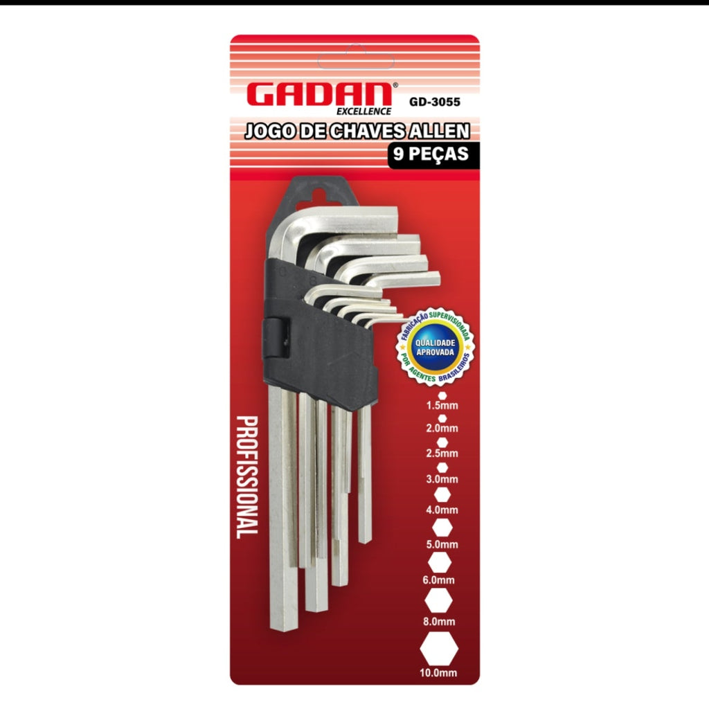 CHAVE ALLEN C/ 9 PEÇAS (MÉDIA) 1,5MM A 10,0MM AÇO CROMO-GADAN
