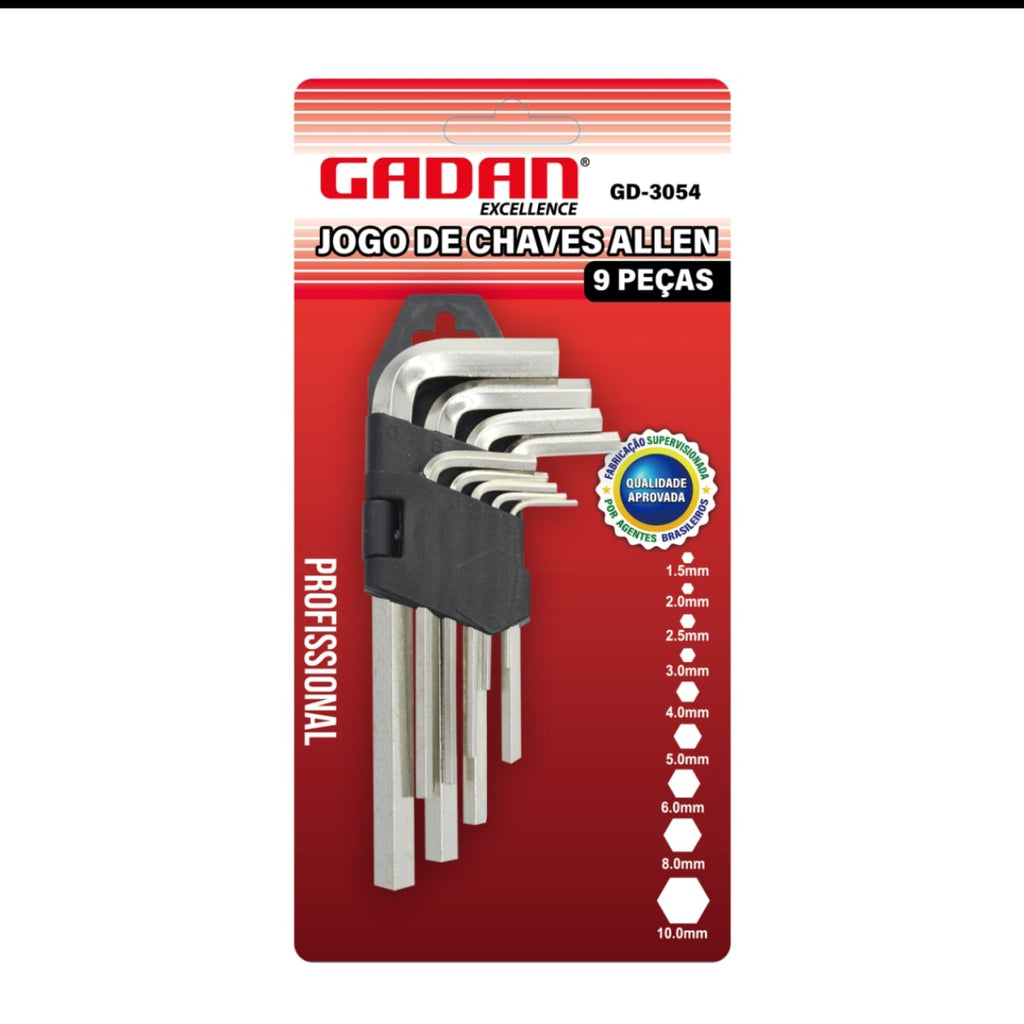 CHAVE ALLEN C/9 PEÇAS (PEQUENA) 1,5MM A 10MM AÇO CROMO-GADAN