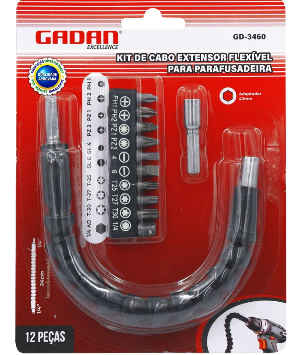 KIT CABO EXTENSOR FLEXIVEL + 11 PCS PARA PARAFUSADEIRA - GADAN