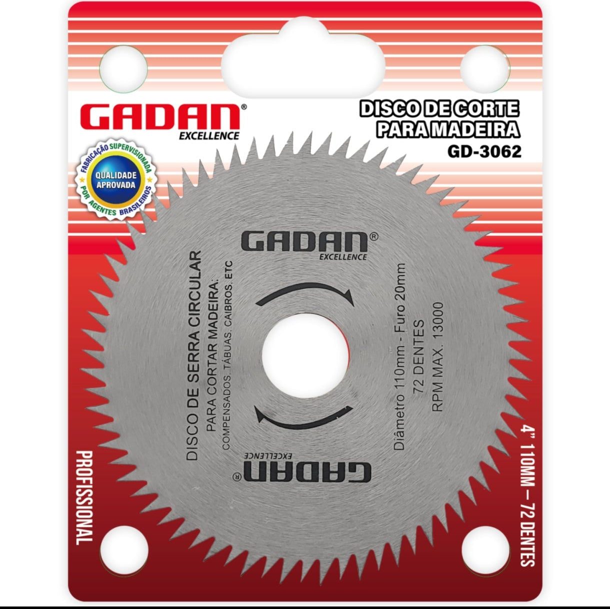 DISCO DE CORTE 4" 72 DENTES PARA MADEIRA - GADAN