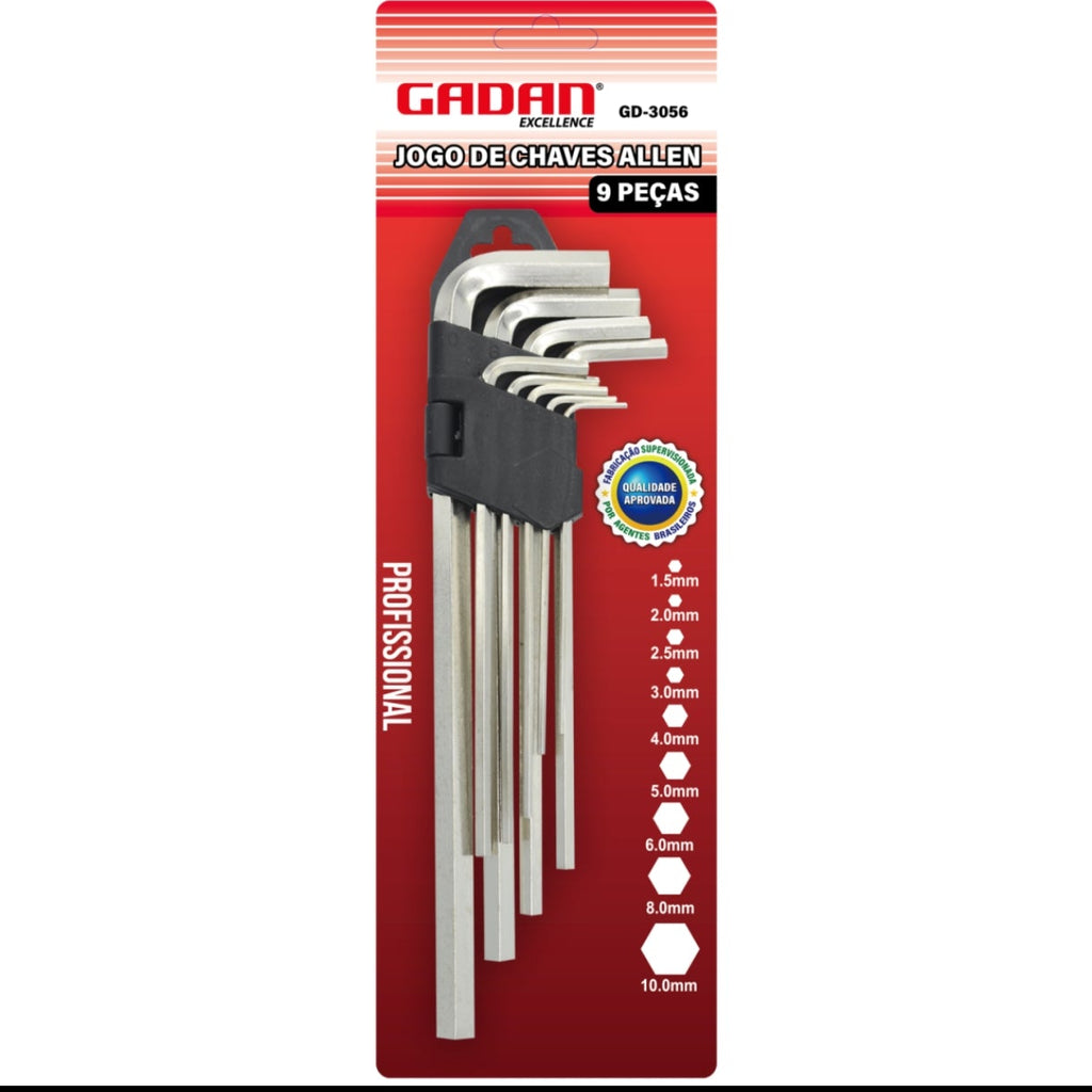 CHAVE ALLEN C/ 9 PEÇAS (GRANDE) 1,5MM A 10,0MM AÇO CROMO- GADAN